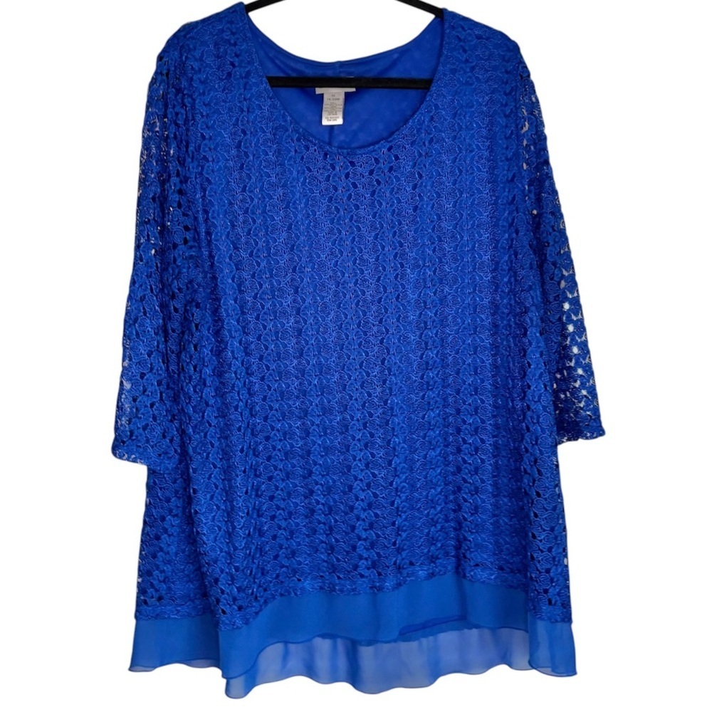 Catherines Sapphire Blue Embroidered Lace Tunic Top, [Sz 18/20]